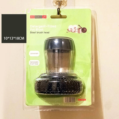 Kitchen soap dispensing palm brush cleaner, push-type dish brush with detergent handle