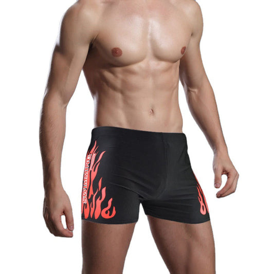 Men's flame swimming trunks, new style swimwear with vibrant fire pattern for beach or pool use