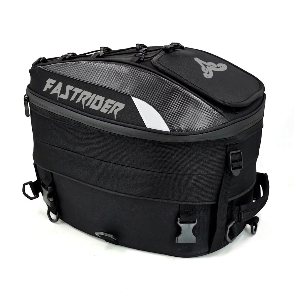 Black motorcycle rider wagon tail bag mounted on a motorcycle rear rack