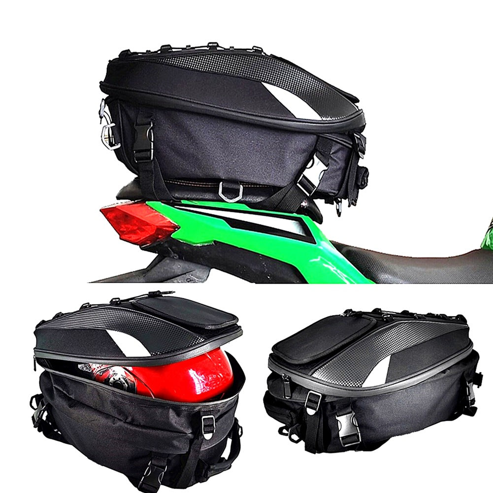 Motorcycle Rider wagon tail bag in black, mounted on a motorcycle for rear storage