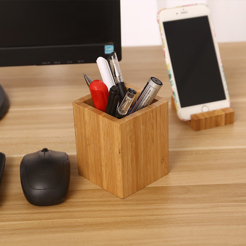 Bamboo square pen, pencil, and makeup brush holder organizer container for office stationery storage
