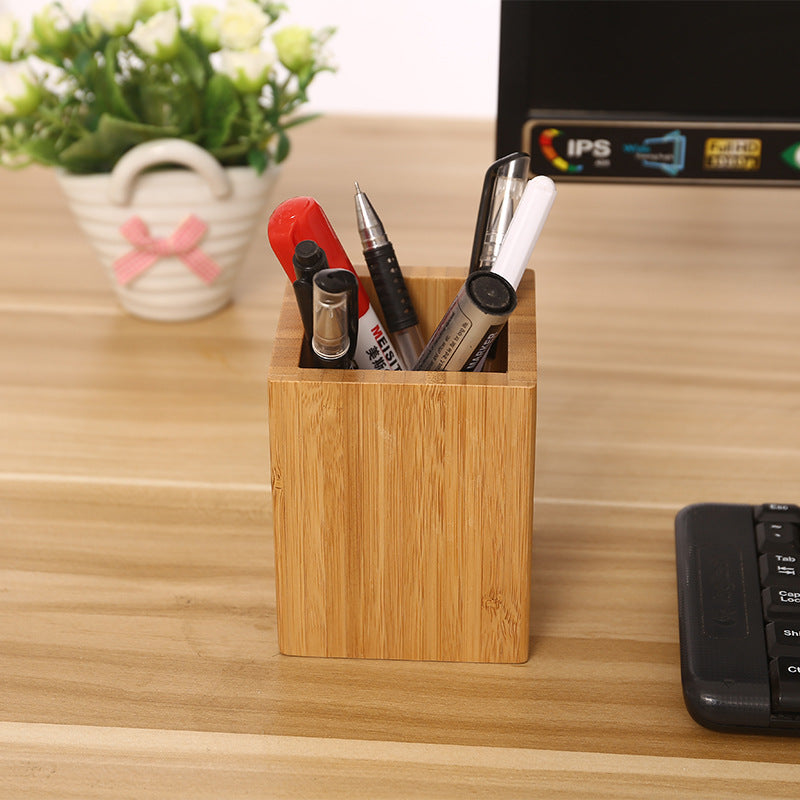 Bamboo square pen and pencil holder, makeup brush storage and office stationery organizer container