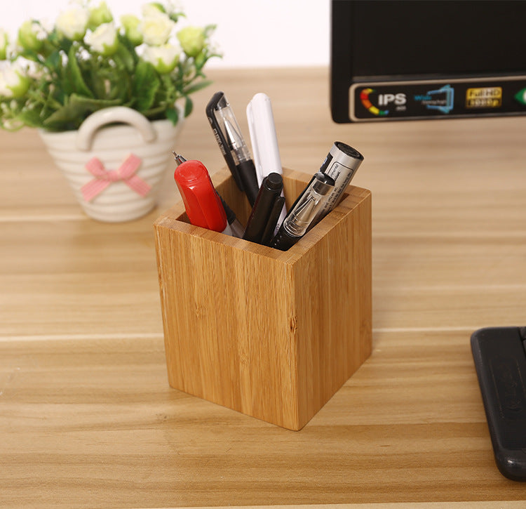 Bamboo square pen pencil holder and makeup brush storage organizer container
