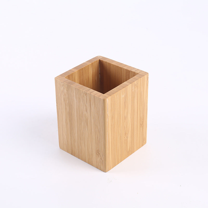 Bamboo square pen, pencil, and makeup brush holder organizer for office stationery storage