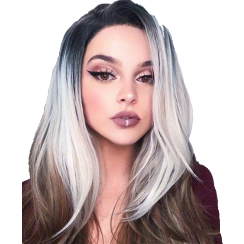 Three-color gradient mid-section women's wig set with blended shades and natural-looking hair strands