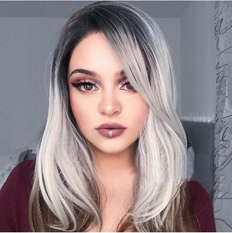 Three-color gradient mid-section women's wig set with blended tones and styled synthetic hair strands