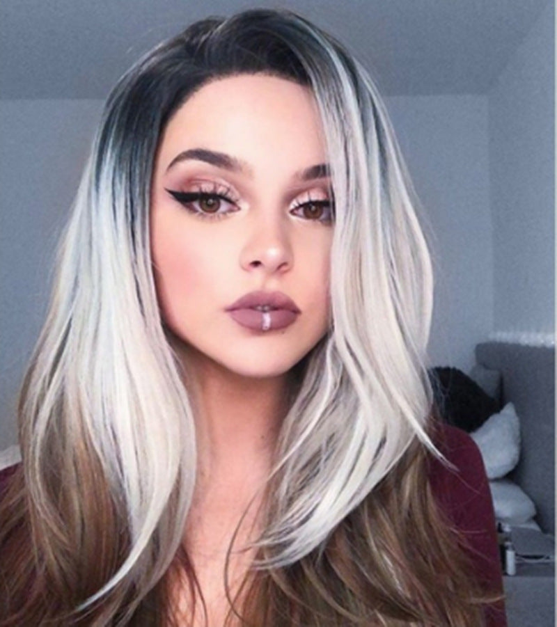 Three-color gradient mid-section women's wig set displayed on a plain background