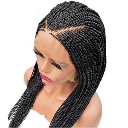13x6 synthetic braided lace front wig with black hair, shown on a plain background