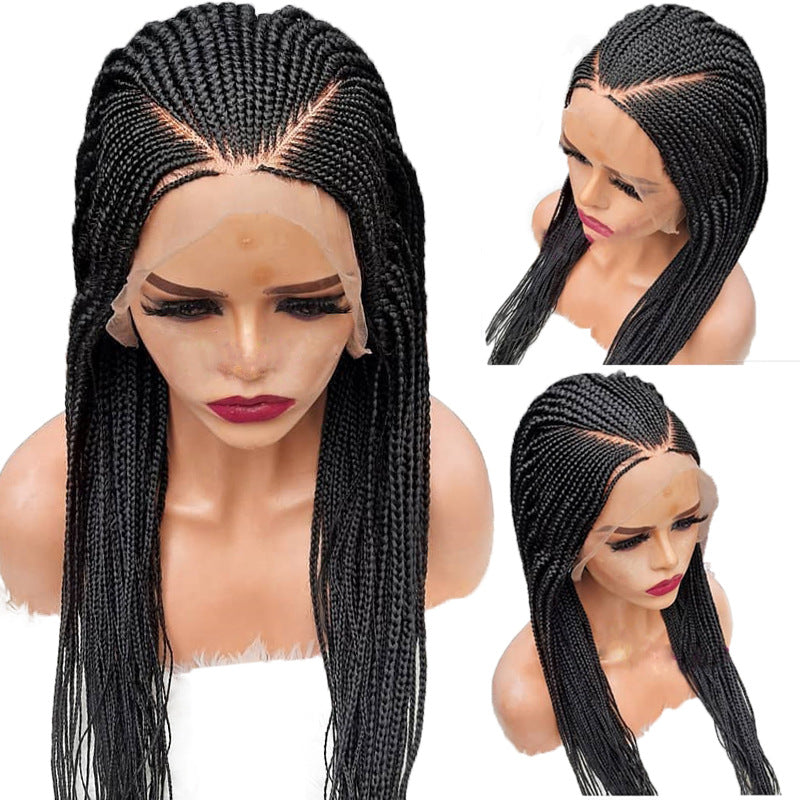 13x6 braided synthetic lace front wig, black, shown on mannequin head