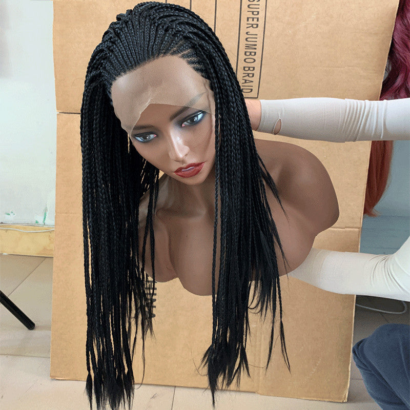 13x6 braided synthetic lace front wig in black, displayed on a mannequin head