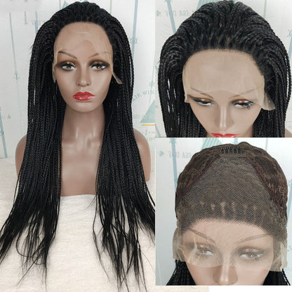13x6 synthetic braided lace front wig in black with realistic hairline and detailed braiding pattern