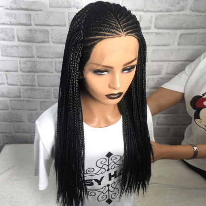13x6 synthetic braided lace front wig in black with a natural-looking hairline