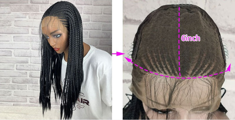 13x6 synthetic braided lace front wig in black, detailed braid pattern and natural-looking hairline