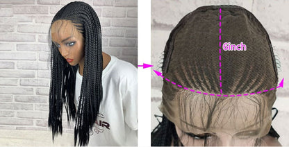 13x6 synthetic braided lace front wig in black, detailed braid pattern and natural-looking hairline