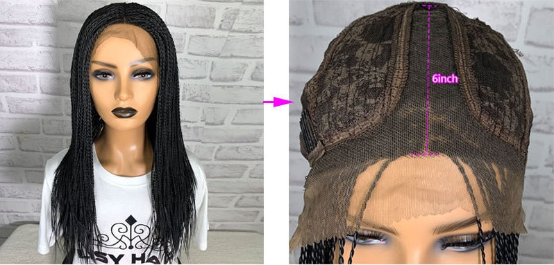 13x6 synthetic braided lace front wig in black, detailed front view