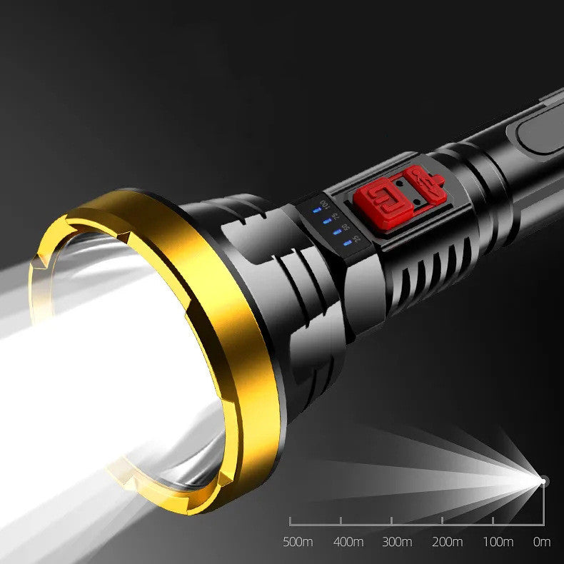 USB rechargeable LED tactical flashlight with textured black body and adjustable beam zoom lens