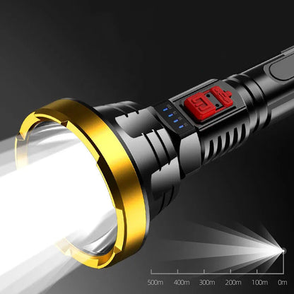 USB rechargeable LED tactical flashlight with textured black body and adjustable beam zoom lens