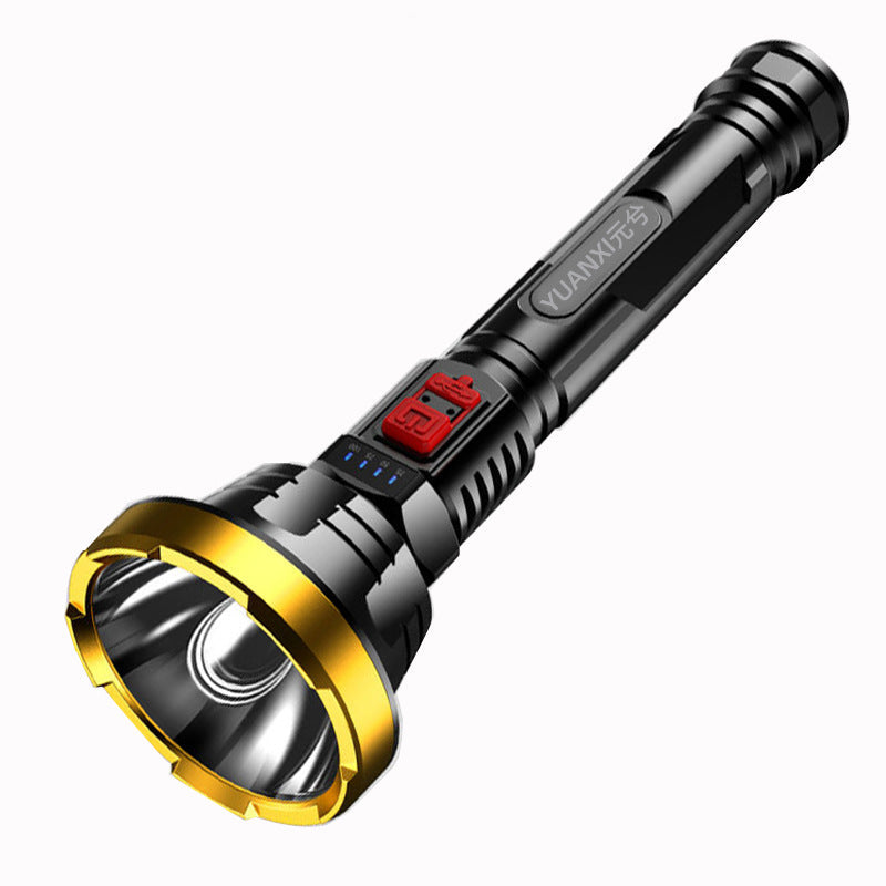USB rechargeable LED tactical flashlight torch with textured black body and super bright beam sides visible