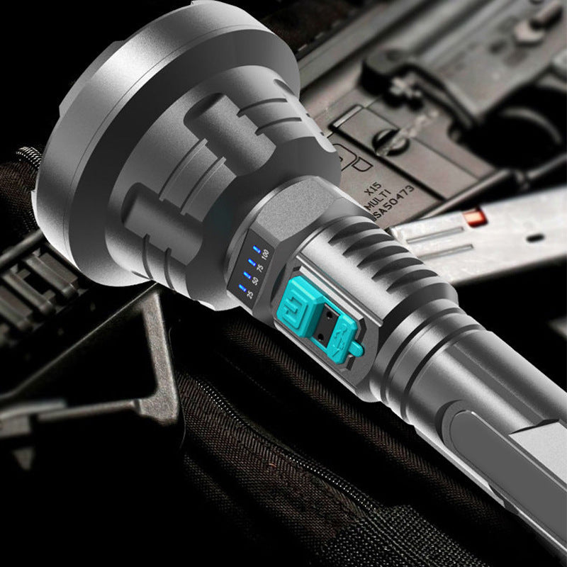 USB rechargeable LED tactical flashlight with black cylindrical body, side grip, and adjustable zoom lens