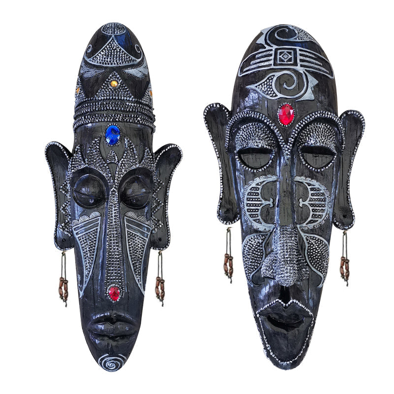 Resin tribal mask home decor with carved facial details and rustic finish