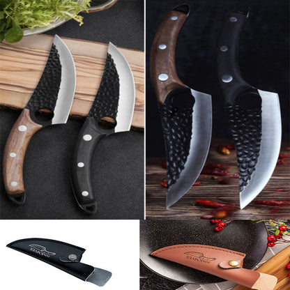 Small scimitar butcher knife for meat cutting, boning, skinning, and slaughtering pigs