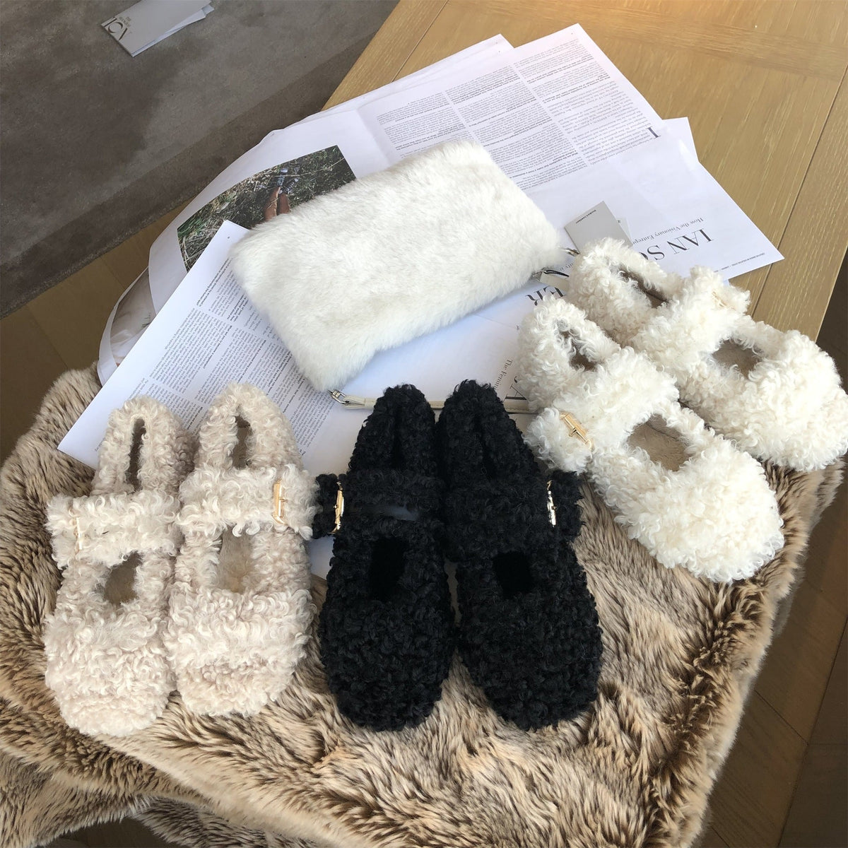 Warm furry shoes, soft insulated footwear with plush lining and cozy textured exterior