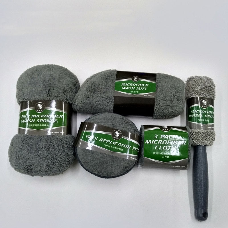 9-piece car wash cleaning kit with assorted detailing brushes, microfiber cloths, and washing tools.