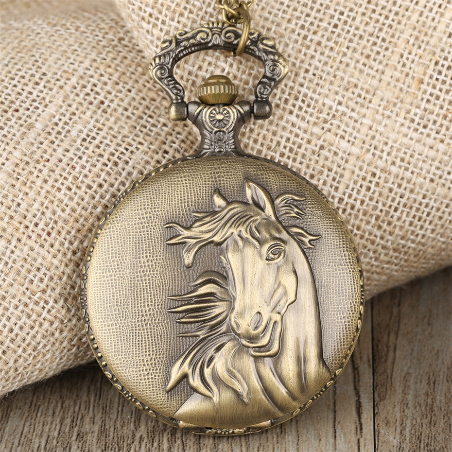 Quartz pocket watch on display, featuring a classic round case and analog clock face