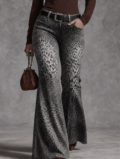 Women's retro leopard-print high-waisted flare pants, full-length view