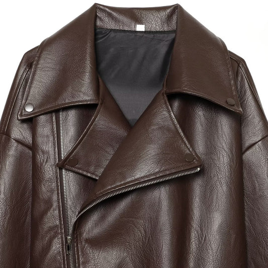 Elegant lapel neck lace-up cropped leather jacket for workwear, front view