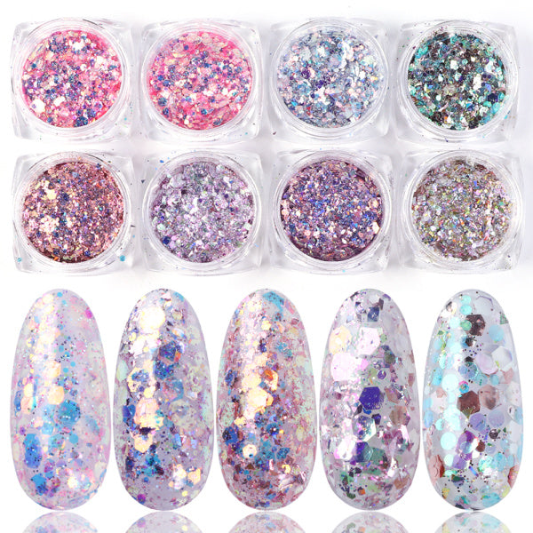 8-box mix glitter nail art powder flakes set in assorted shimmering colors