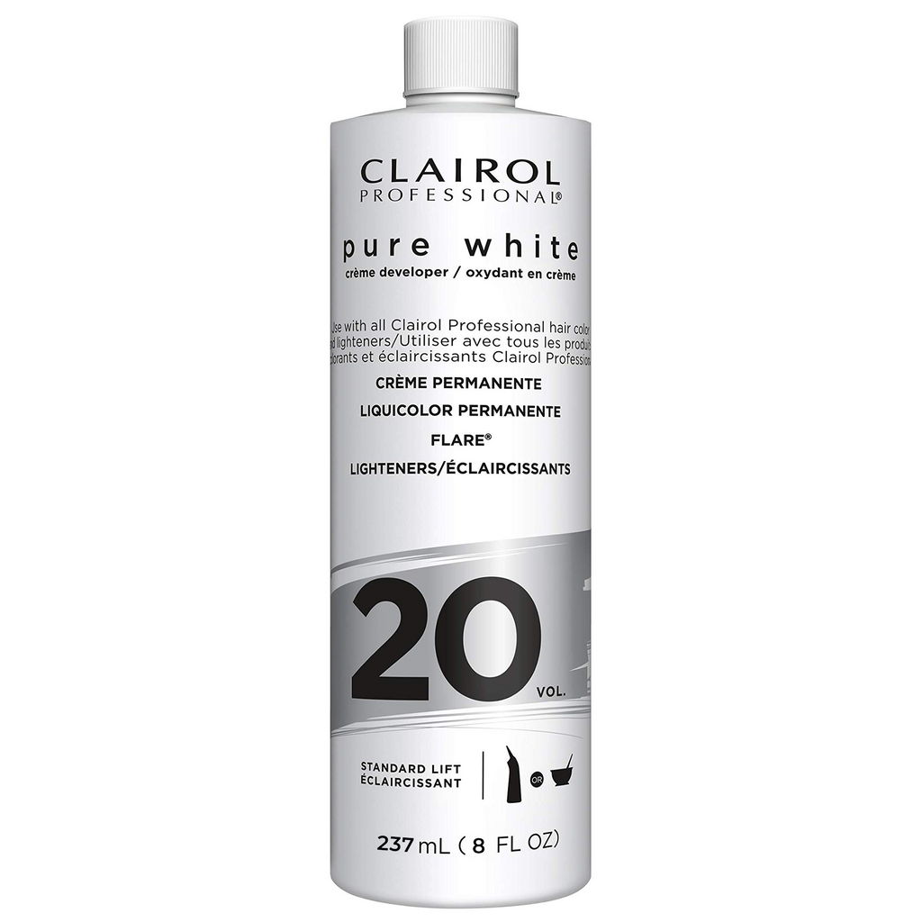 Clairol Professional Pure White Creme Developer 20 Volume for hair coloring, 8 oz bottle with white cap and clear label.