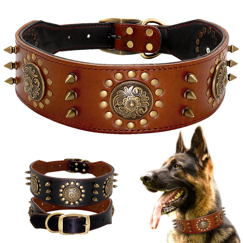 Large leather stud dog collar with anti-bite design for dogs