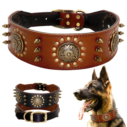 Large leather stud dog collar with anti-bite design for dogs