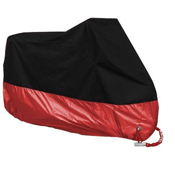 Waterproof motorcycle cover protecting a parked bike from rain and outdoor elements