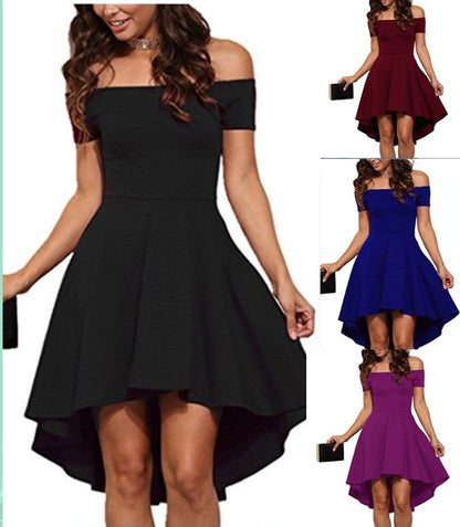 One shoulder short sleeve dress with a large swallowtail skirt in a flowing silhouette