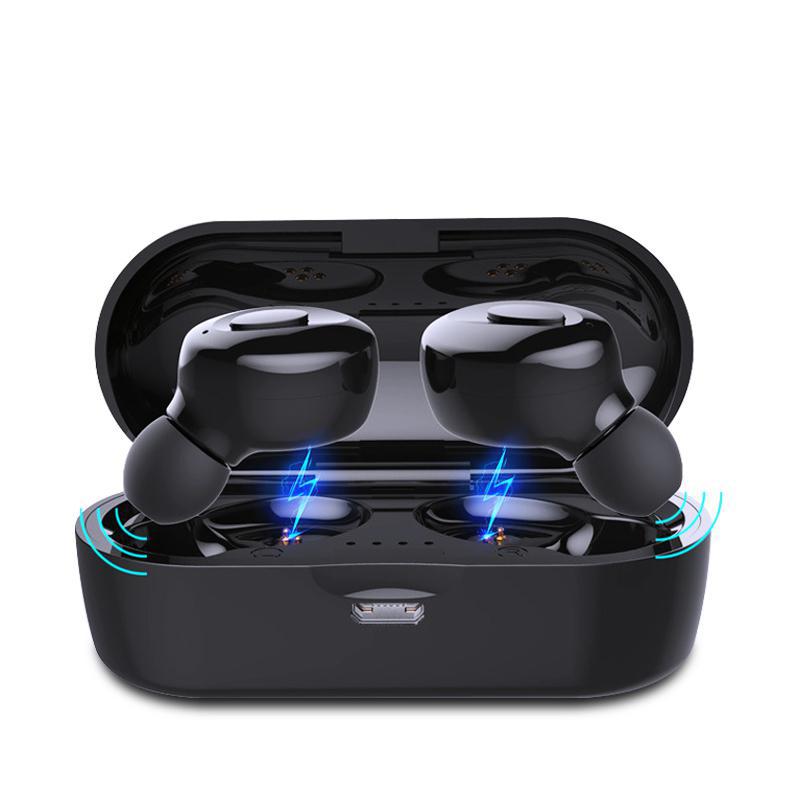 Wireless sports headphones in black with cushioned ear cups and adjustable headband