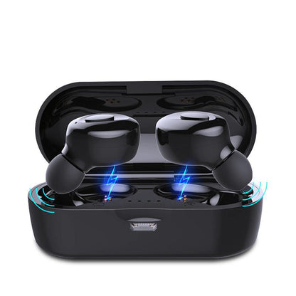 Wireless sports headphones in black with cushioned ear cups and adjustable headband