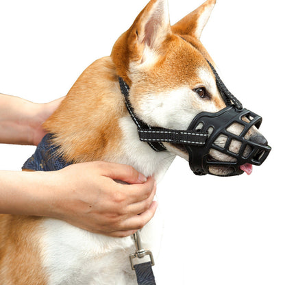 Adjustable dog muzzle for preventing random eating, biting, and barking, shown in a close-up product view