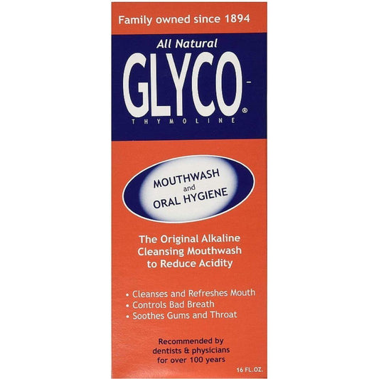 Glyco® Thymoline alkaline mouthwash in a 16 oz bottle, natural herbal mouth rinse for oral health, by Pasteur Pharmacy