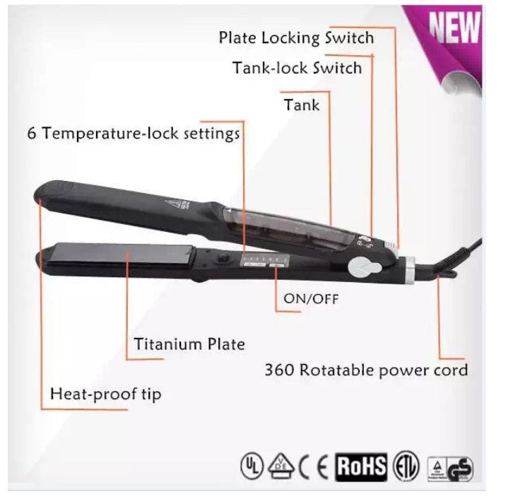 Steam hair straightener spray clamp in black, featuring a slim styling tool design