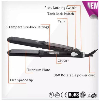 Steam hair straightener spray clamp in black, featuring a slim styling tool design