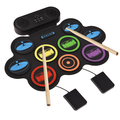 Portable silicone jazz drum set percussion instrument with compact drums and drumsticks