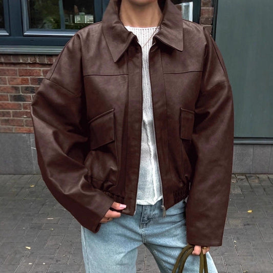 Women's retro autumn/winter old money style leather jacket in classic vintage design