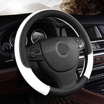 Universal leather car steering wheel cover in black with textured grip and stitched detailing