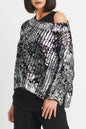 Cotton Metallic Crochet Boatneck Sweater - Black/Silver