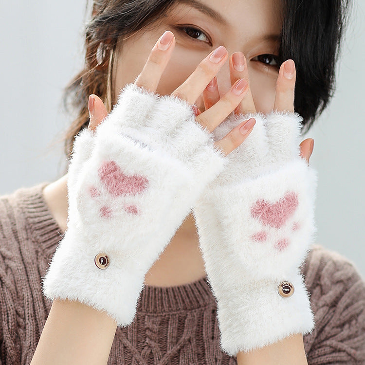 Half-finger knitted warm cat-claw gloves with exposed fingertips and cozy textured fabric
