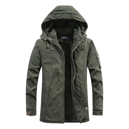 Hooded warm coat by My Store, showcasing its cozy hood and insulated outer design