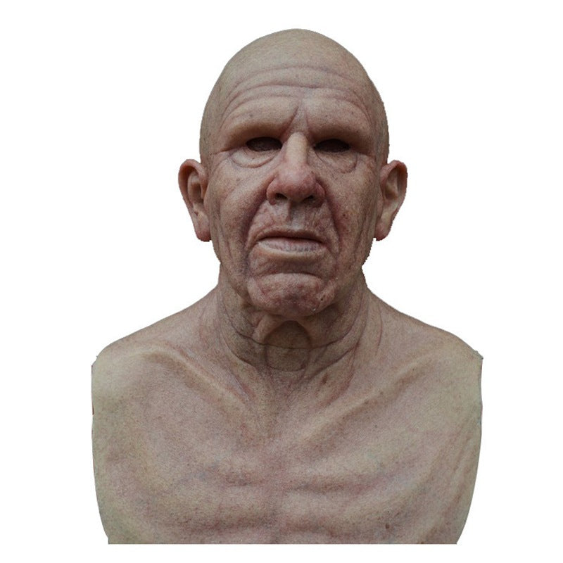 Old man Halloween mask with white hair, white beard, and headgear
