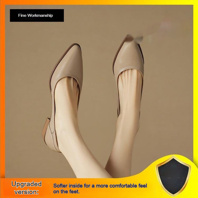 Women’s French-style pointed-toe low-cut mid-heel leather shoes in black, side view